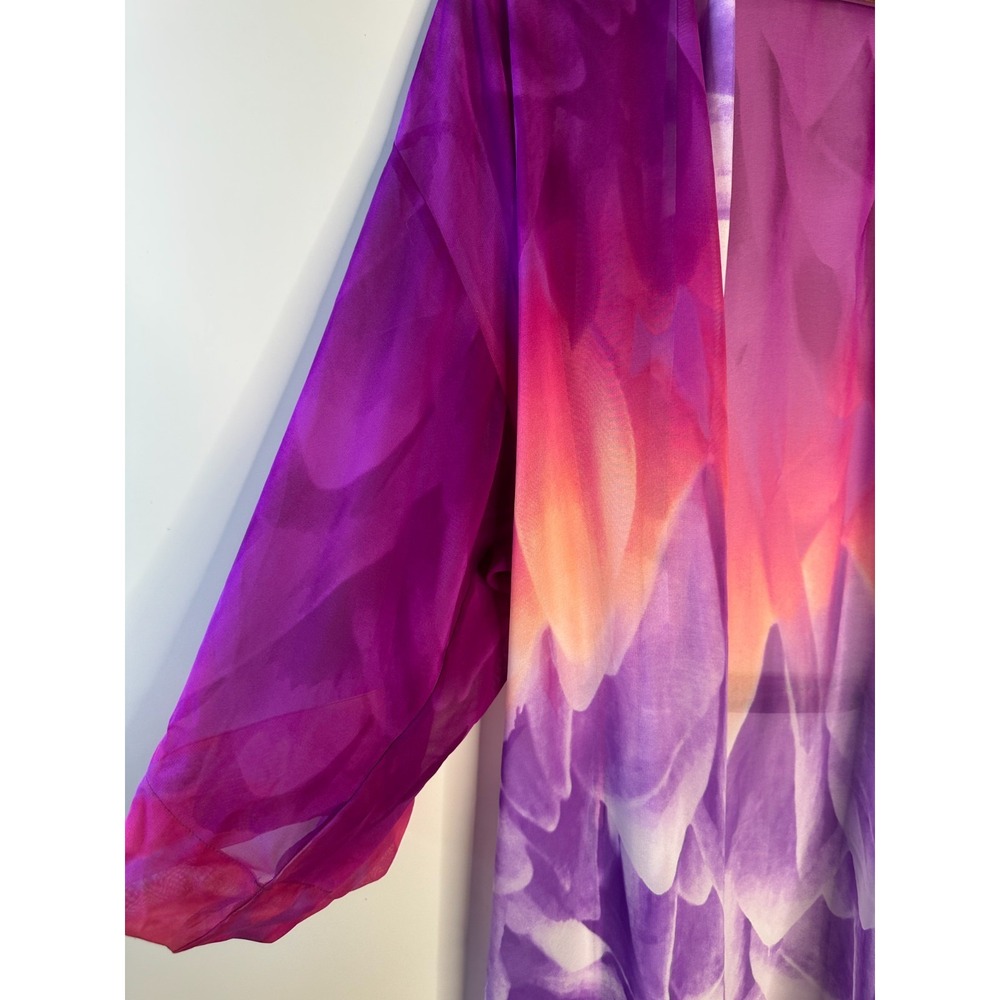 Natori Floral Watercolor Sheer Chiffon Kimono Robe Purple Tie Pockets Medium - Picture 5 of 11
